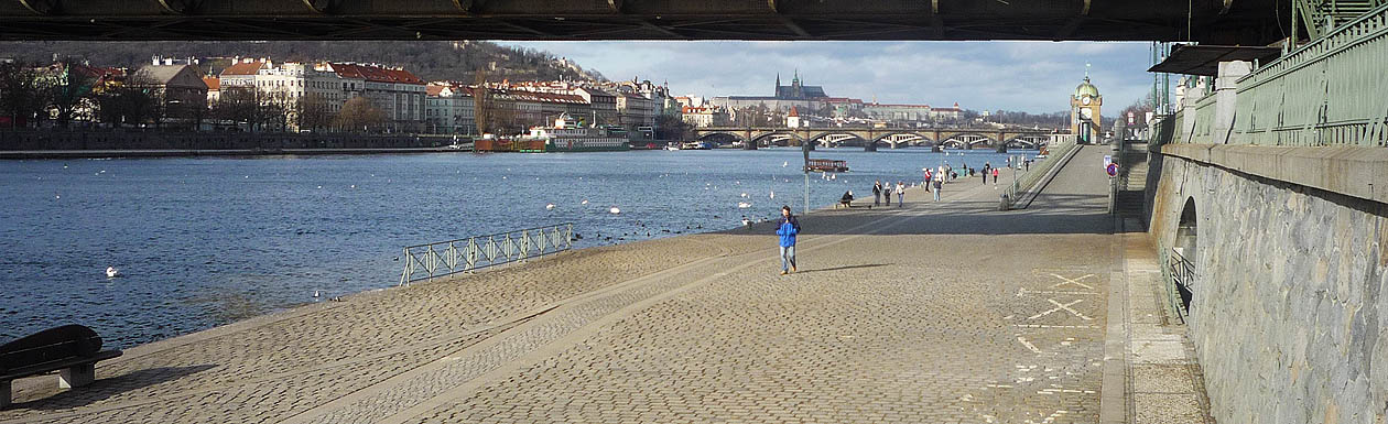 Ústí Botiče do Vltavy pod železničním mostem (horní rám fotky). V nábřežní zdi vpravo je vidět klenutý otvor tunelu, vlevo na náplavce pak zábradlí nad samotným soutokem.