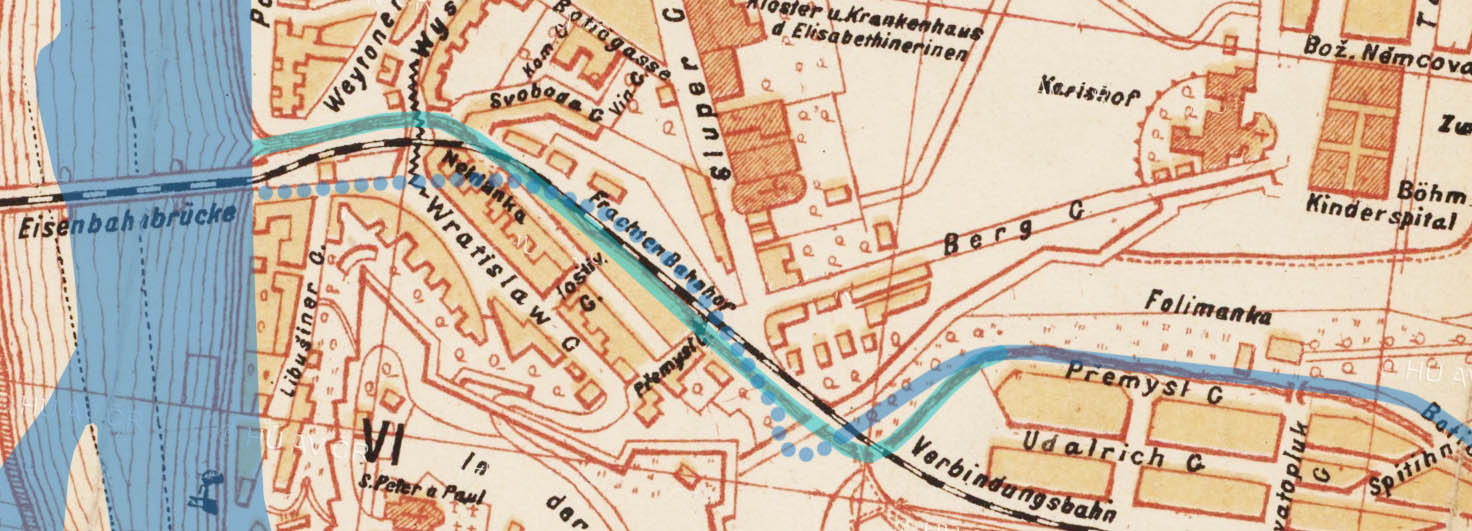 Na plánu Prahy z roku 1901 je zaznačen současný nadzemní tok Botiče plnou tmavěmodrou čarou, tečkovaně tunel Botiče a světlejší modrou nadzemní tok v roce 1901.